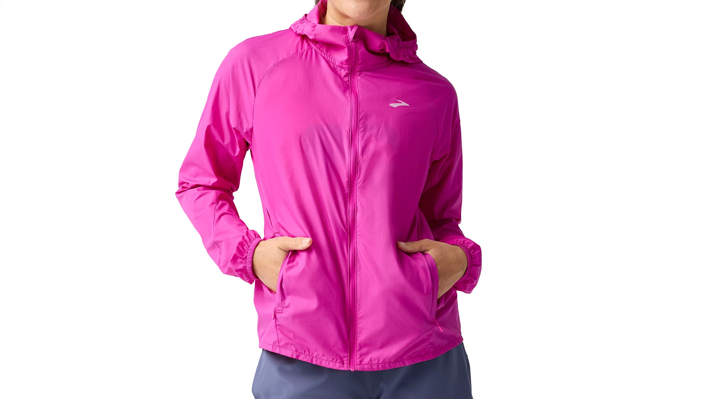 Brooks Canopy Packable Running Jacket pink on white background.