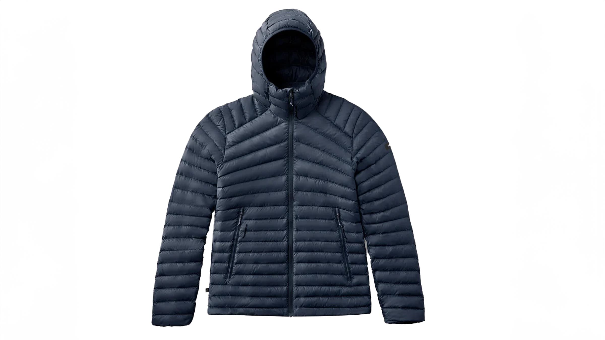 Decathlon MT100 down hooded puffy jacket blue on white background.