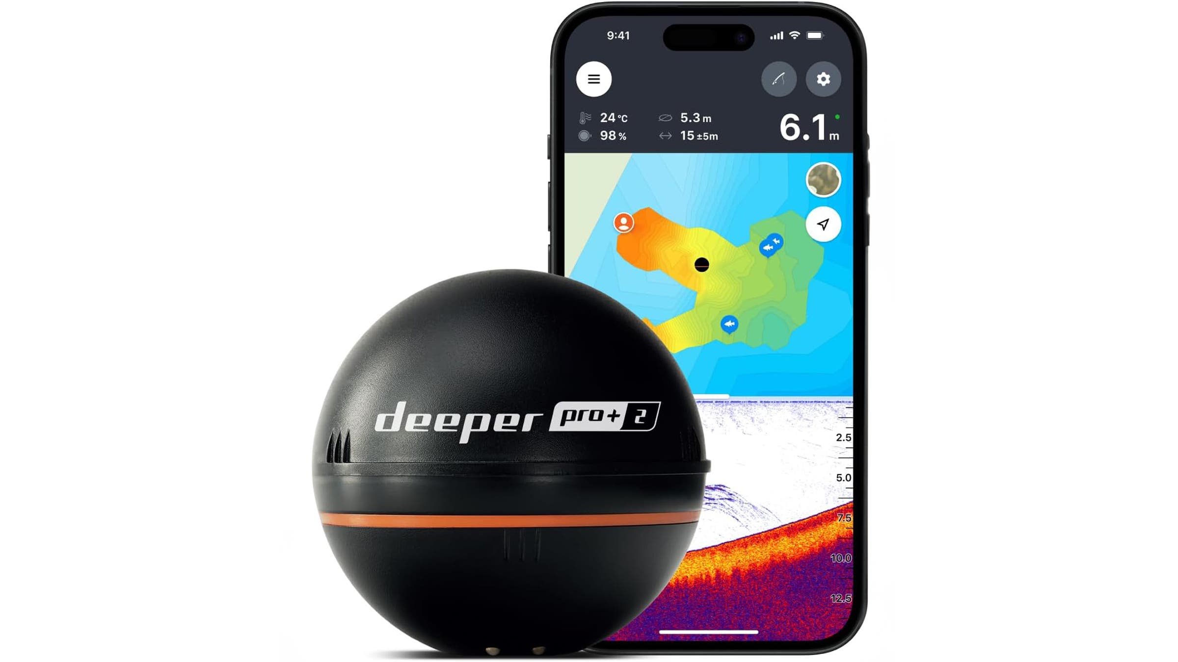 Deeper PRO+ 2 Portable Fish Finder on white background with app