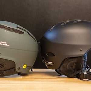 Side by side photo comparison of Outdoor Master Kelvin vs. Sweet Protection Trooper 2VI ski helmets.