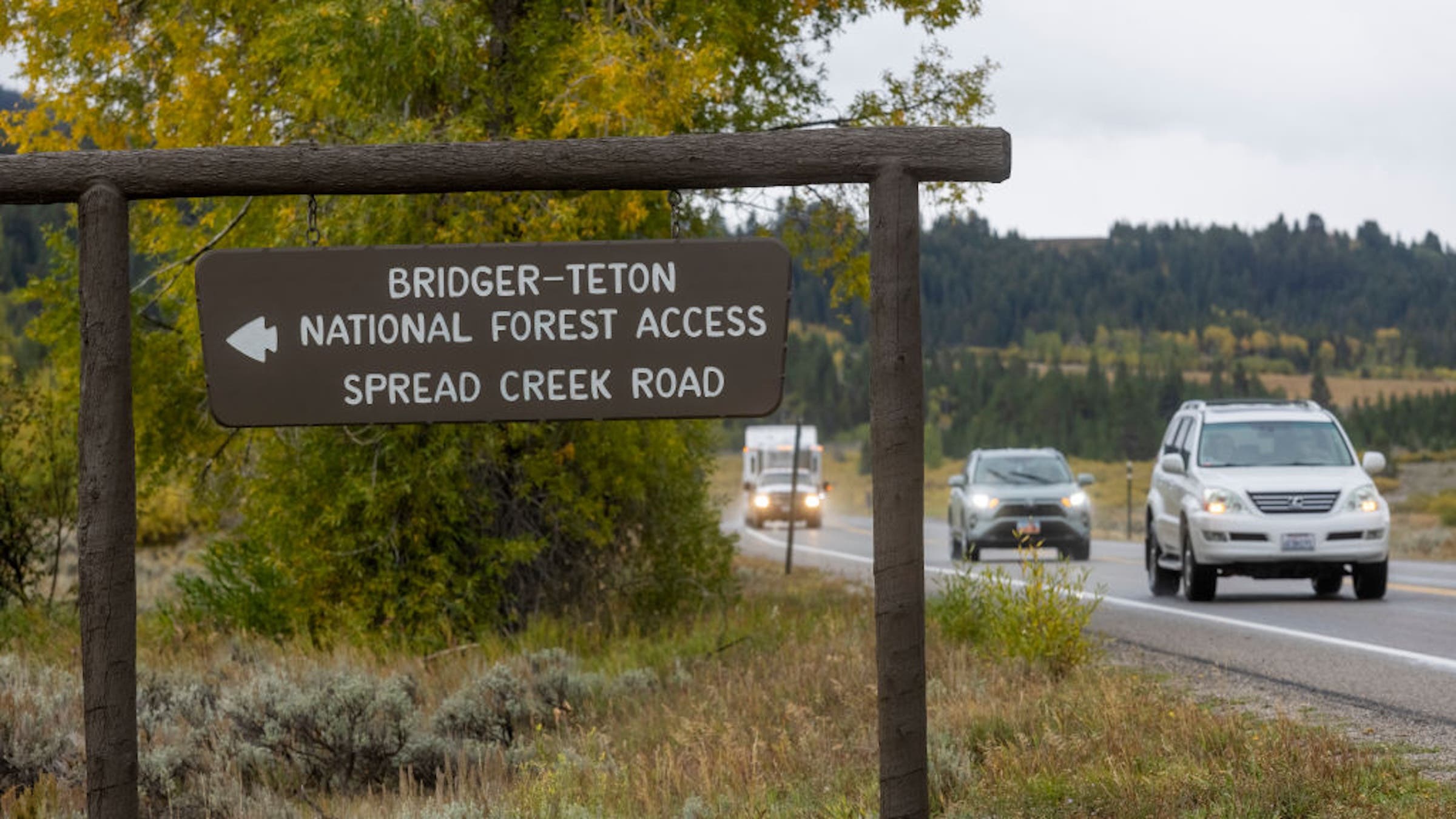 A sign leads the way to Spread Creek Campground on September 19, 2021 near Moran, Wyoming