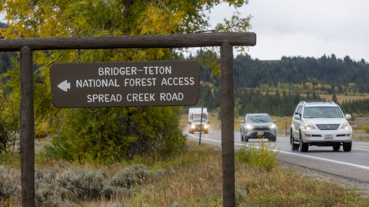 A sign leads the way to Spread Creek Campground on September 19, 2021 near Moran, Wyoming