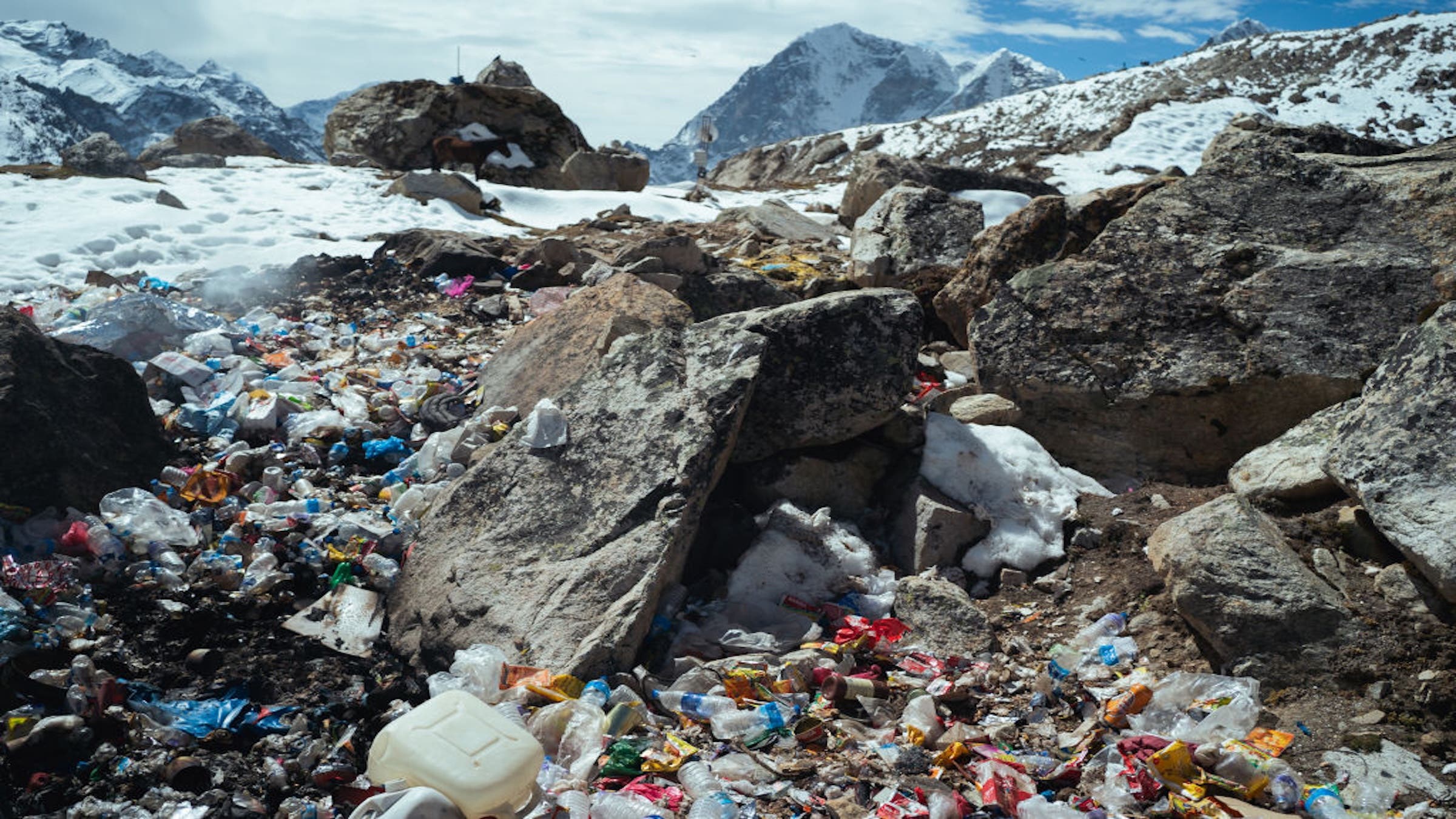 Abandoned plastic trash at a makeshift landfill in Nepal