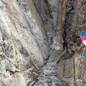 The flag was the largest to have flown on the famed granite monolith in the park, and hangs beneath Heart Ledges, a symbolic location near the literal and figurative heart of El Capitan