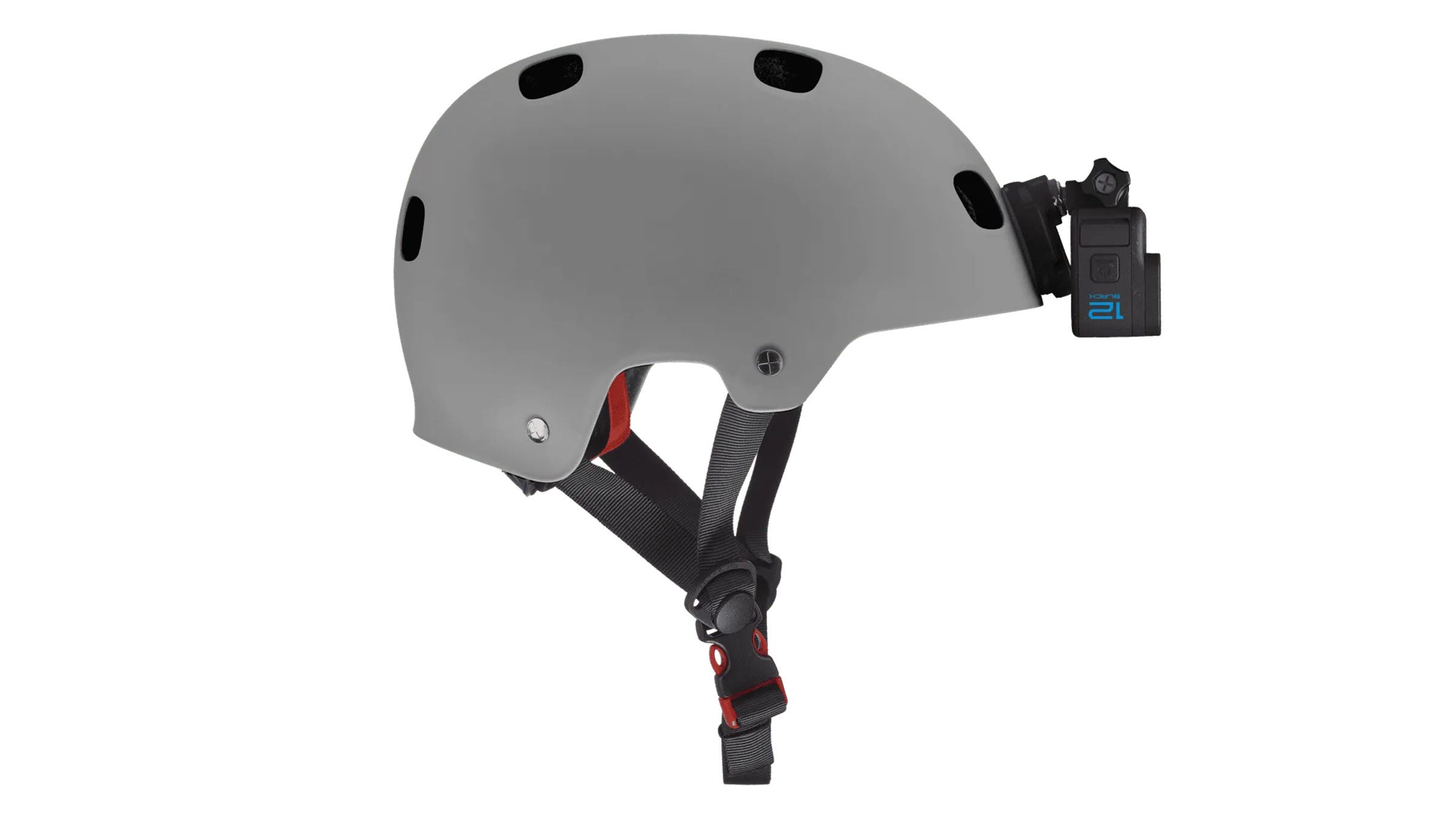 Black GoPro helmet camera mount on grey ski helmet in front of white background