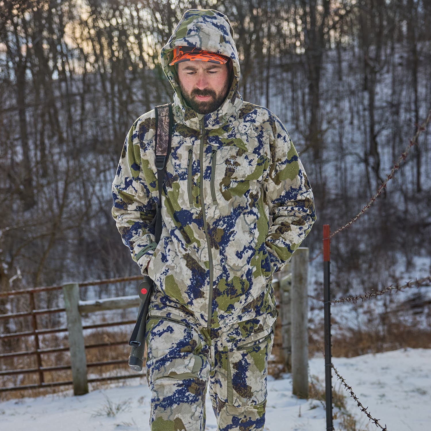 Man wearing King's XKG Wind Defender Shift hunting jacket and pants