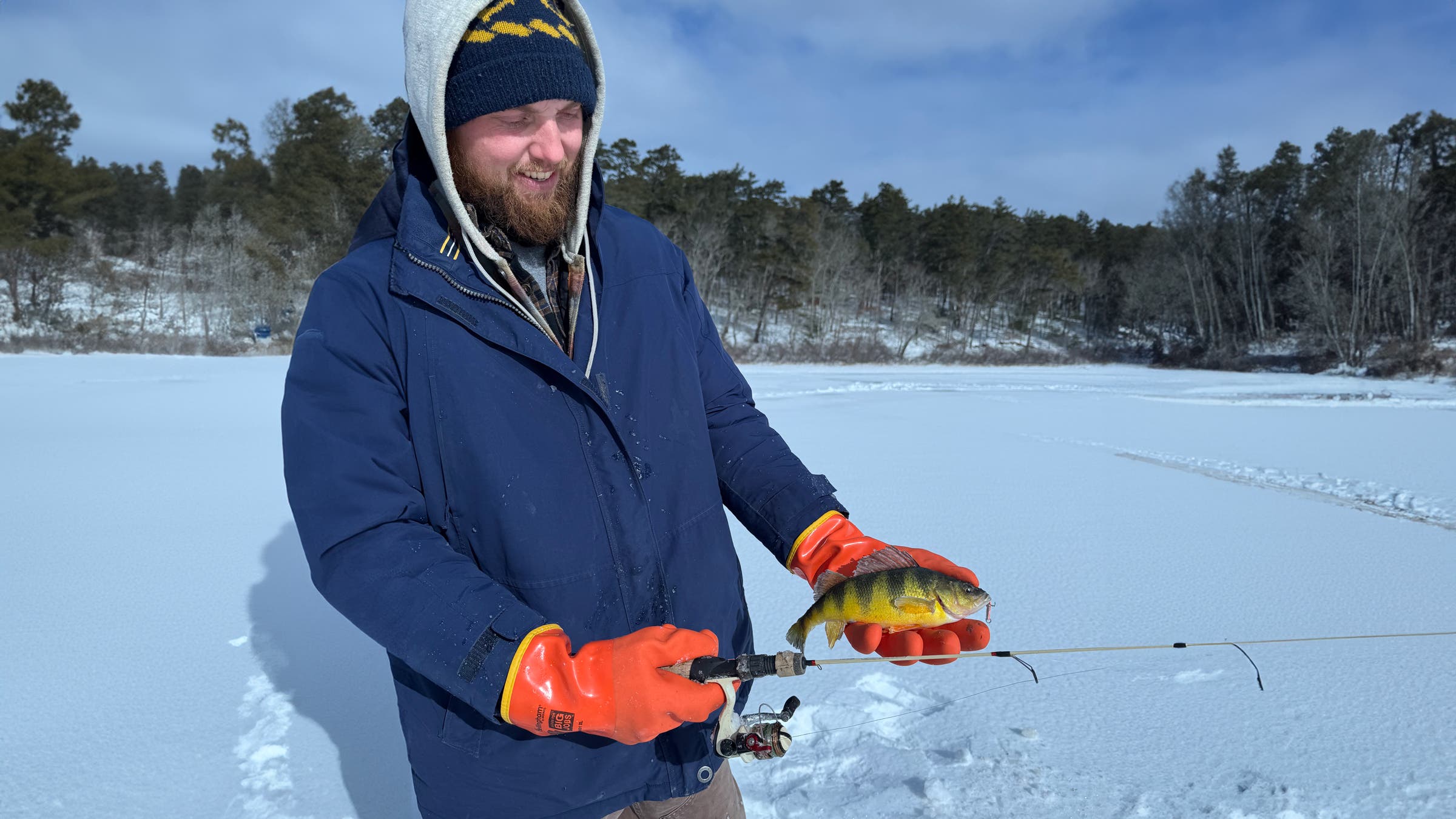 An angler smiles while holding a yellow perch on a frozen lake, wearing bright orange KastKing IceRiver Fishing Gloves and winter layers, showcasing reliable ice fishing gear for warmth, grip, and dexterity in cold conditions.