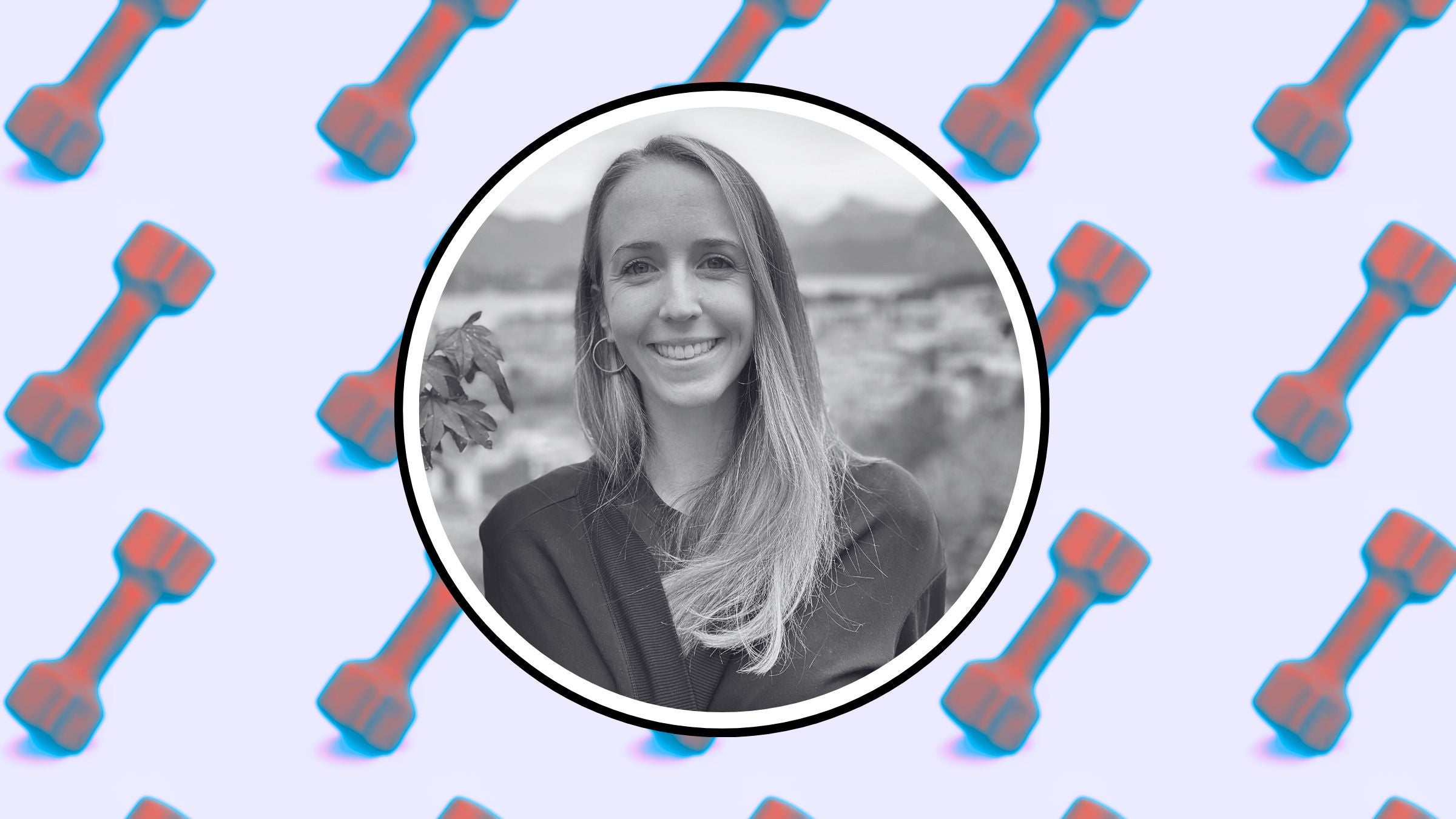 personal trainer jenny mccoy on a background of dumbbells