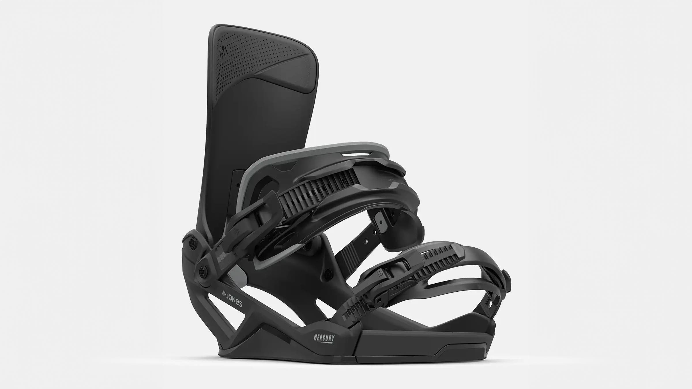 Jones Mercury FASE Snowboard Binding black on white background.