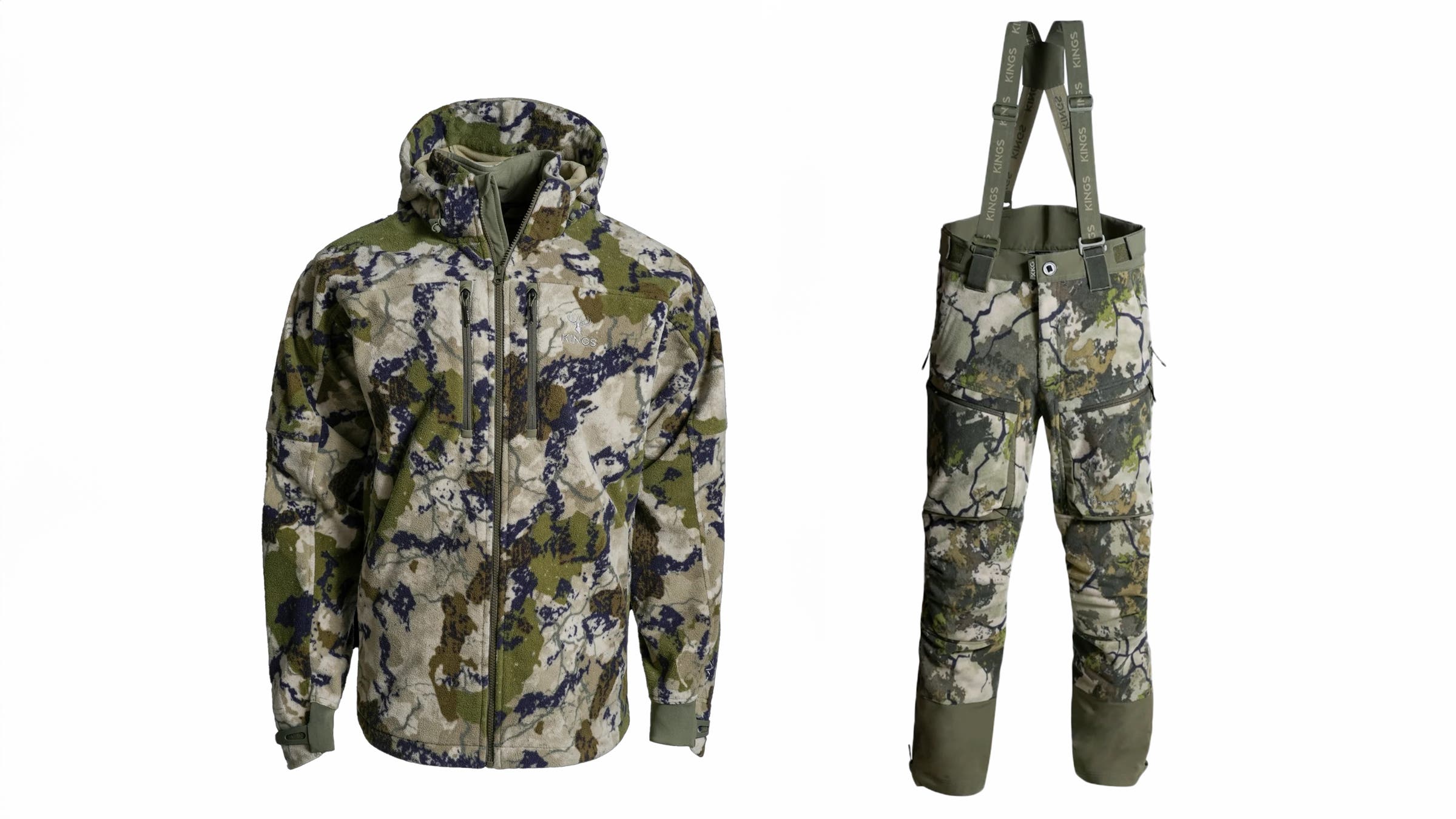 Kings XKG Wind Defender Shift Jacket and Bib Pant, our top hunting jacket and bibs for bowhunters, on white background