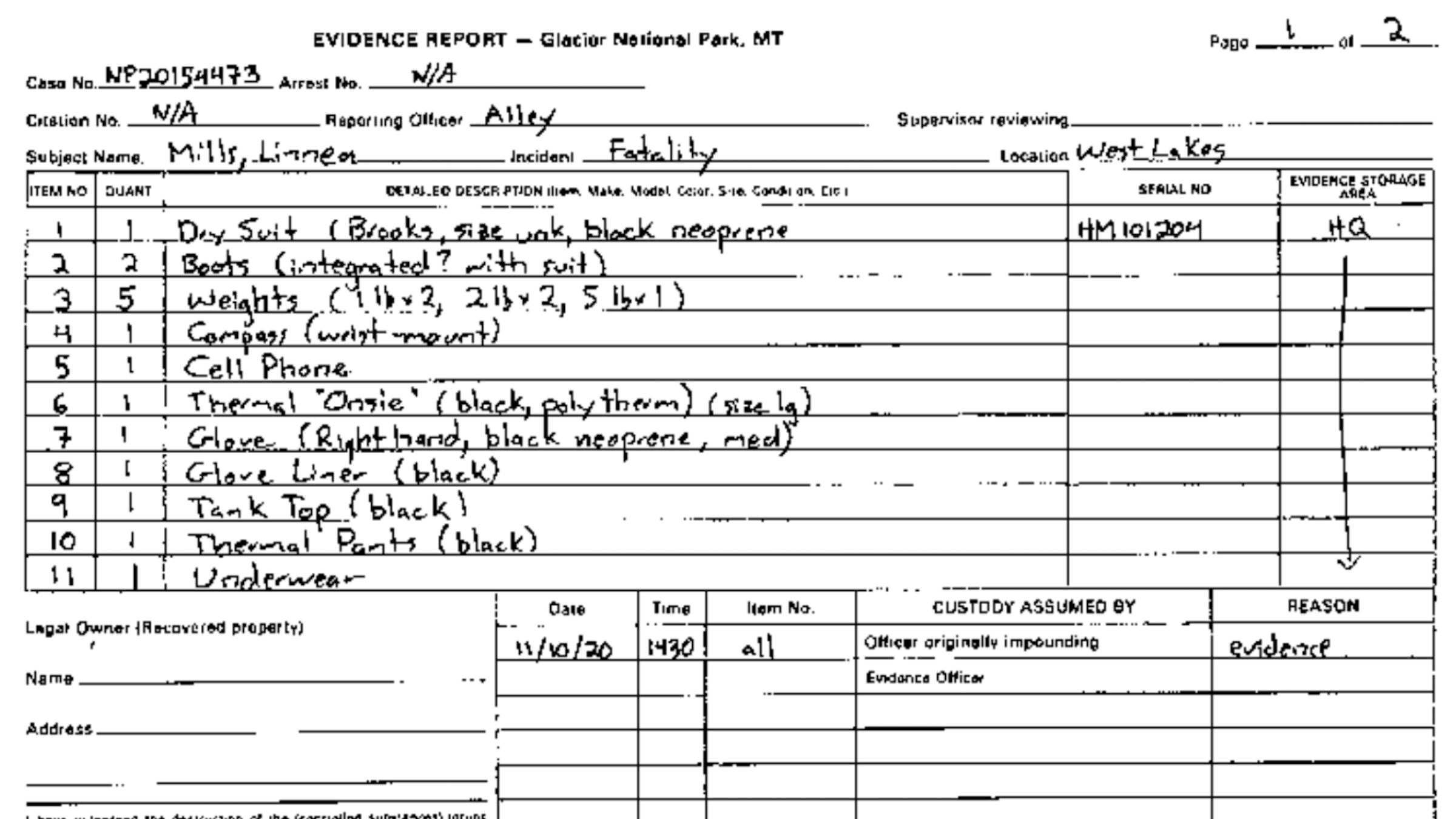 An evidence log of the items Linnea was wearing during the dive