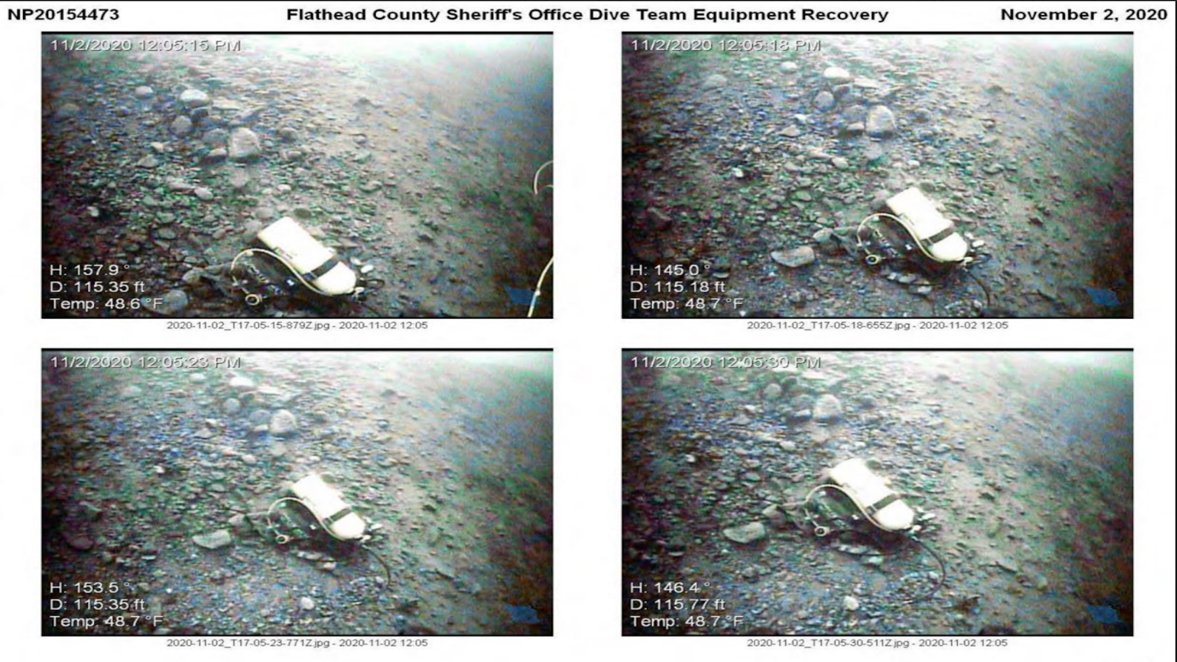 Images from the NPS report show Linnea's diving gear on the lakebed