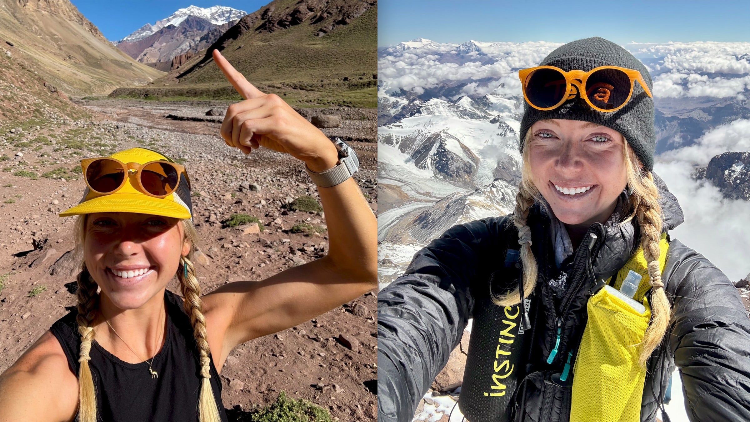 Erin Ton at the base (left) and summit of Aconcagua