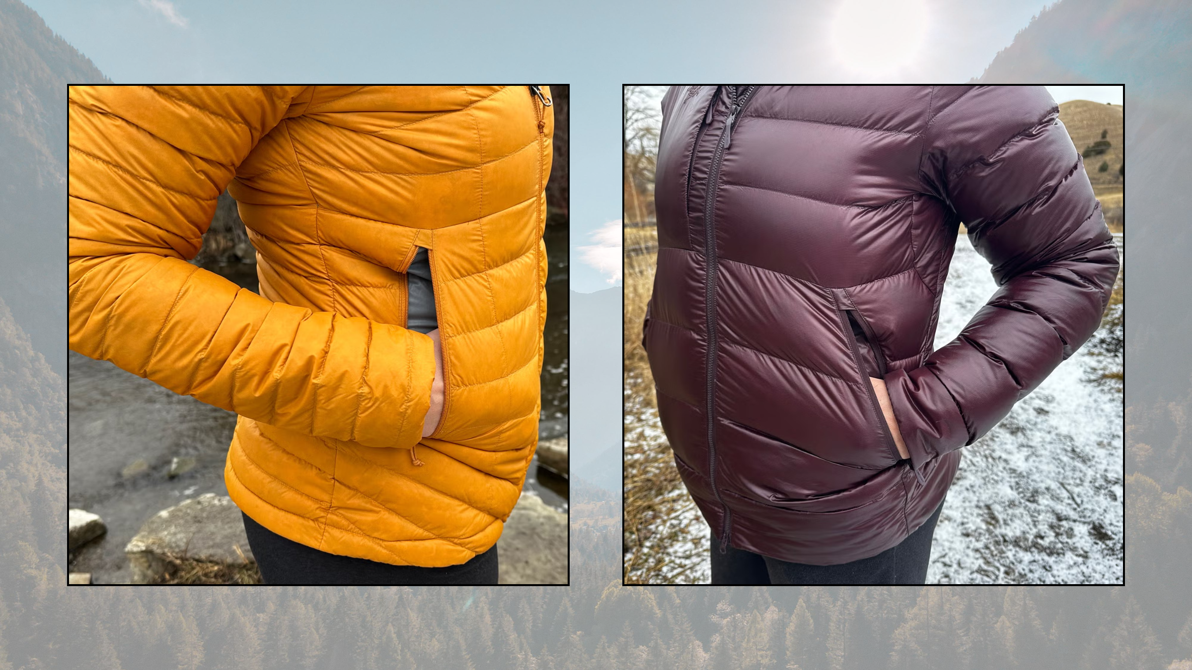 A split-screen down jacket comparison showing the Decathlon Simond MT100 on the left and the Arc'teryx Cerium SV on the right to highlight different shell textures and fits.
