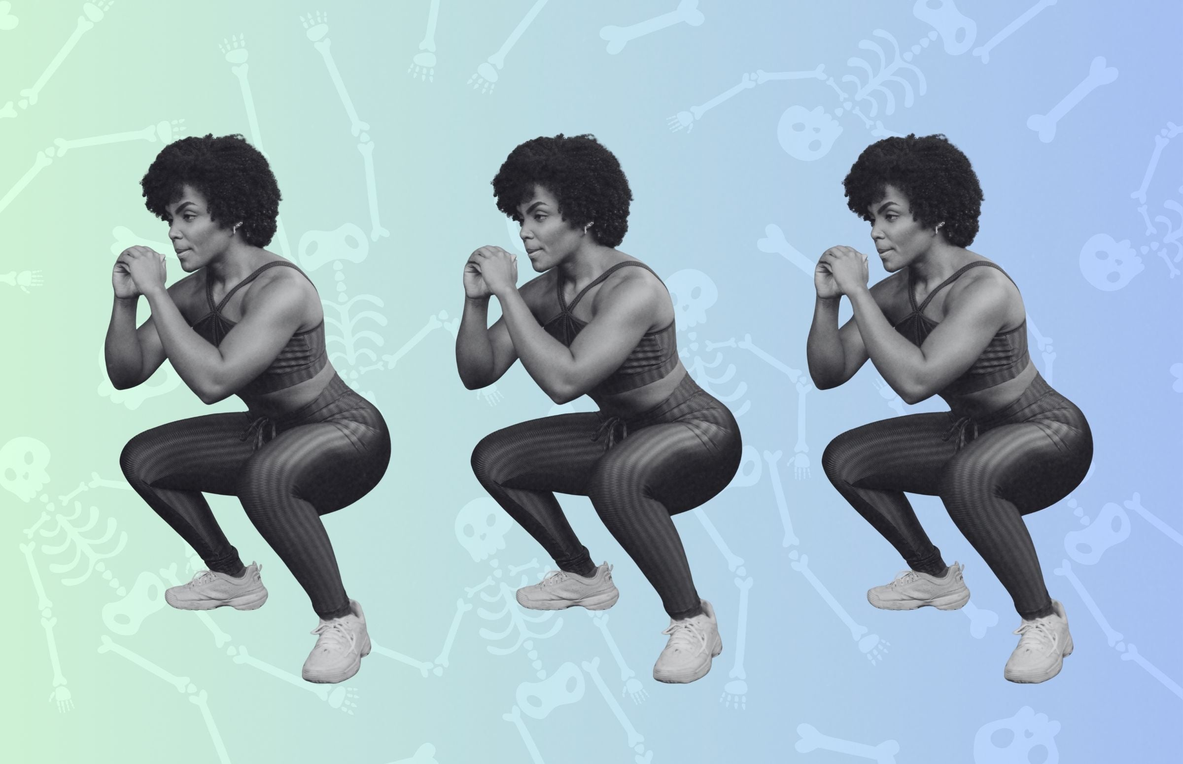 woman squatting bone background