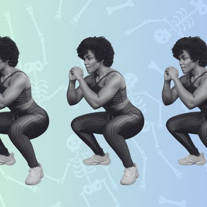 woman squatting bone background