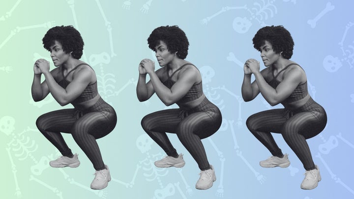 woman squatting bone background