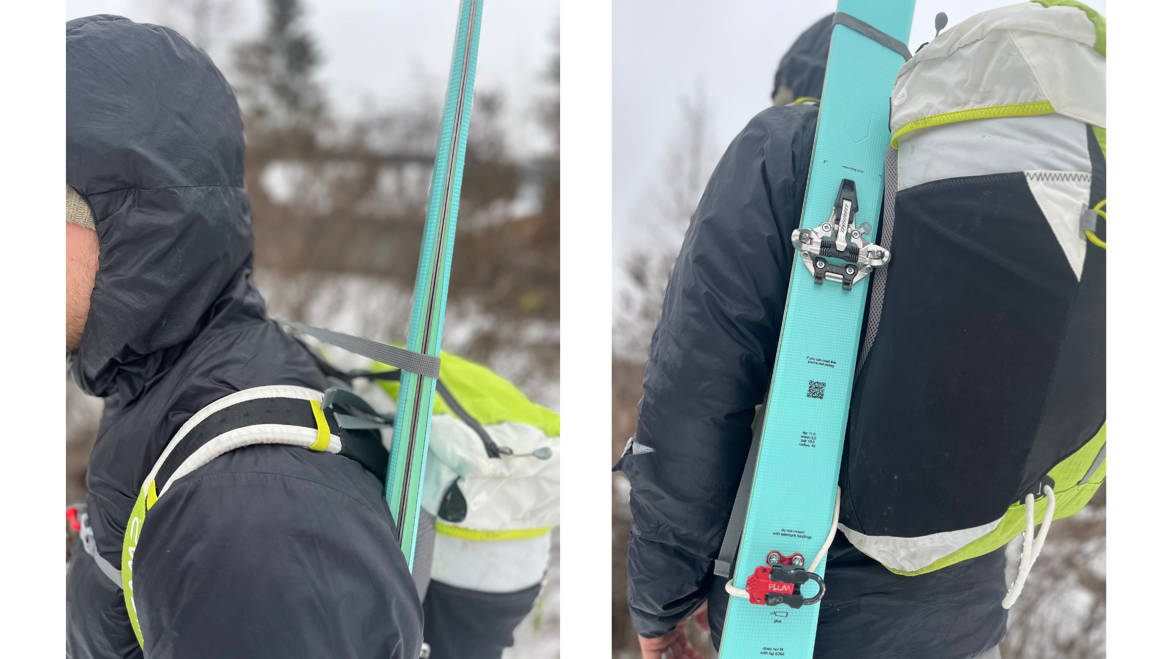 The CAMP X3 Backdoor features a textile loop at the base and an integrated over-the-shoulder webbing strap, allowing you to secure your skis for a bootpack in seconds without ever taking the pack off your back.