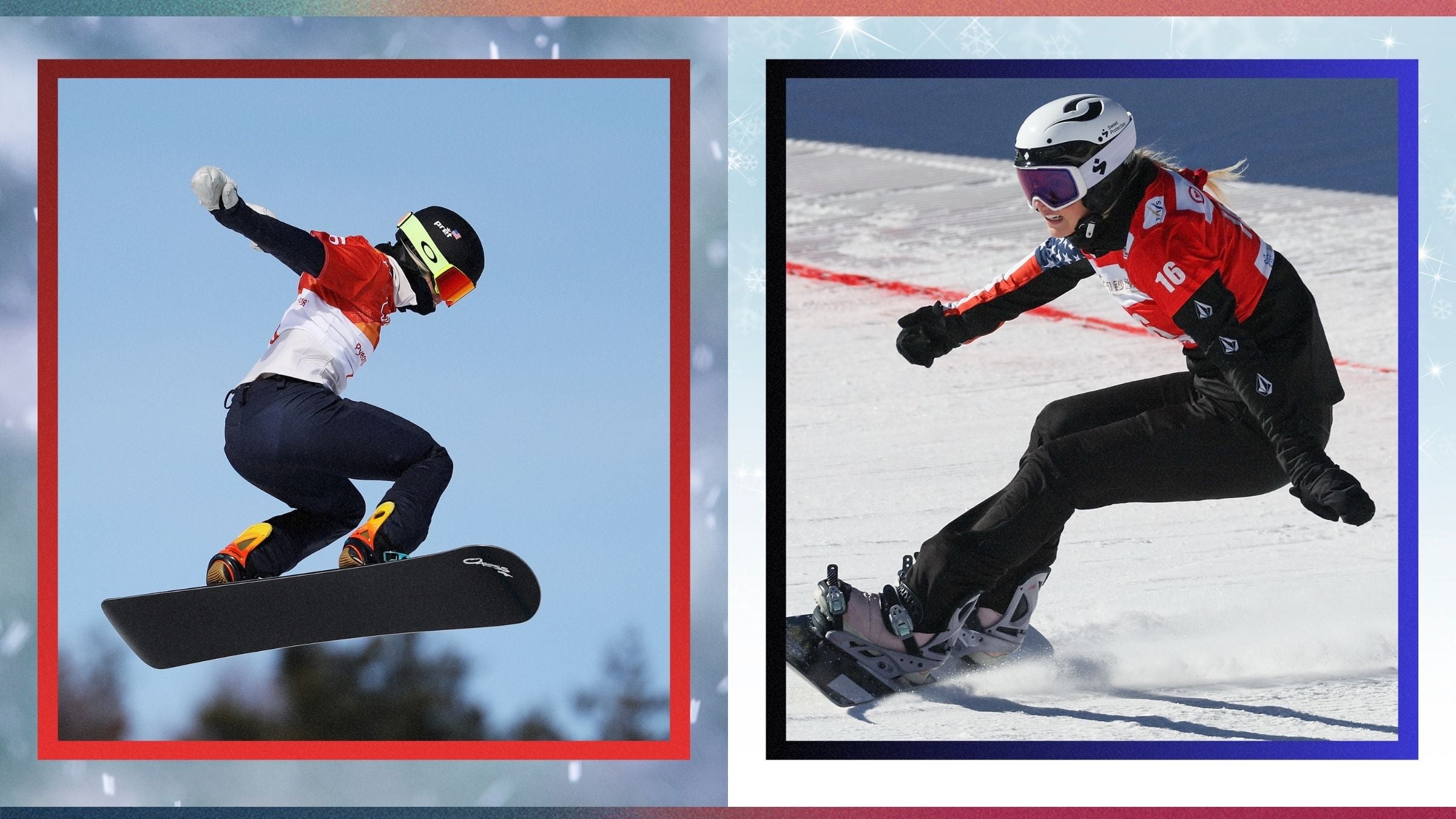 Faye Gulini Thelen and Meghan Tierney Daniel snowboarding