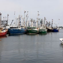 Views of commercial fishing boats in the harbor in New Bedford, Massachusetts