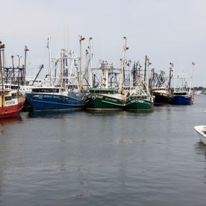 Views of commercial fishing boats in the harbor in New Bedford, Massachusetts