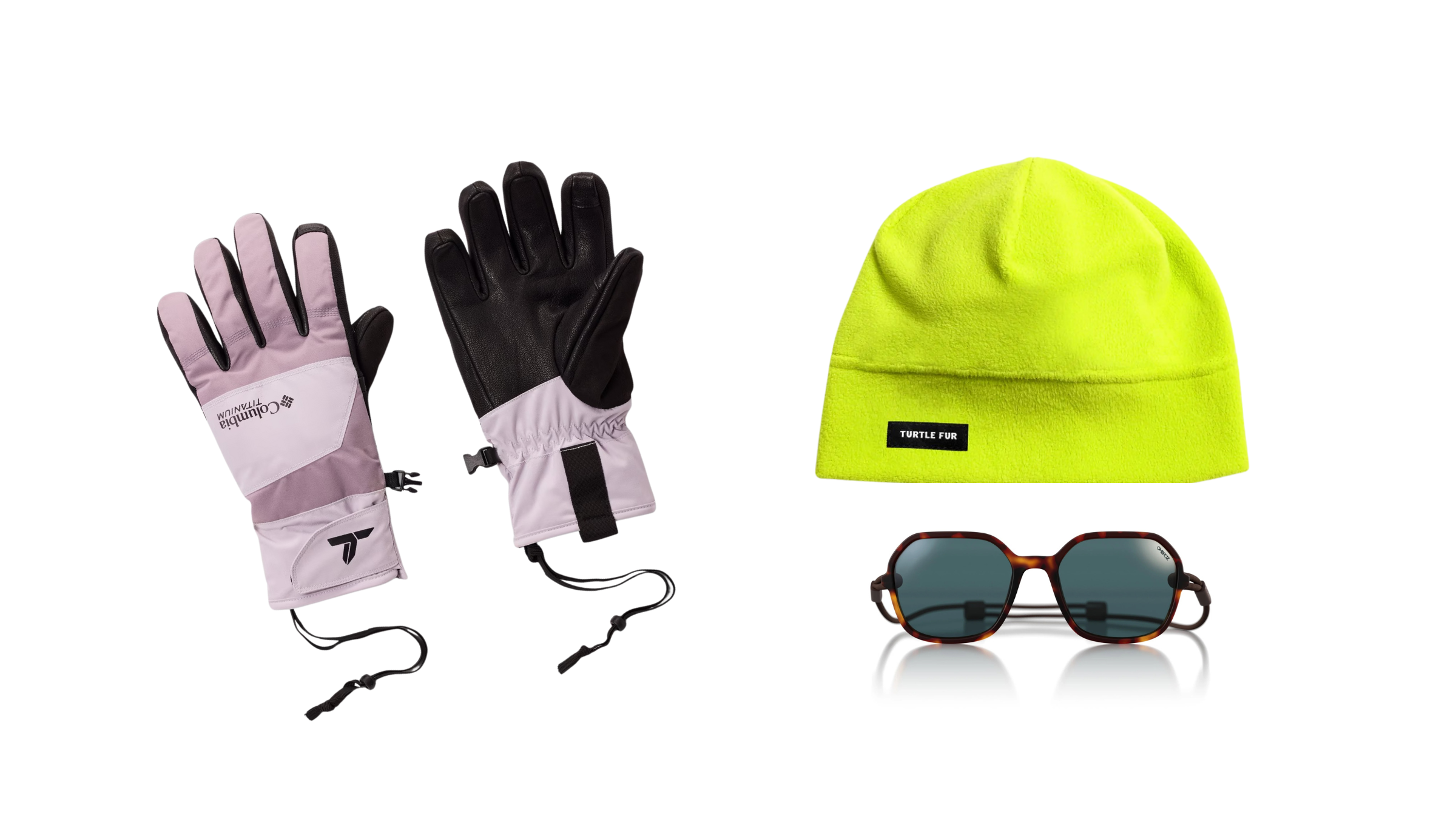 Columbia’s PowBound gloves, Turtle Fur Chelonia 150 Fleece Beanie, and Ombraz’ Cammina Sunglasses