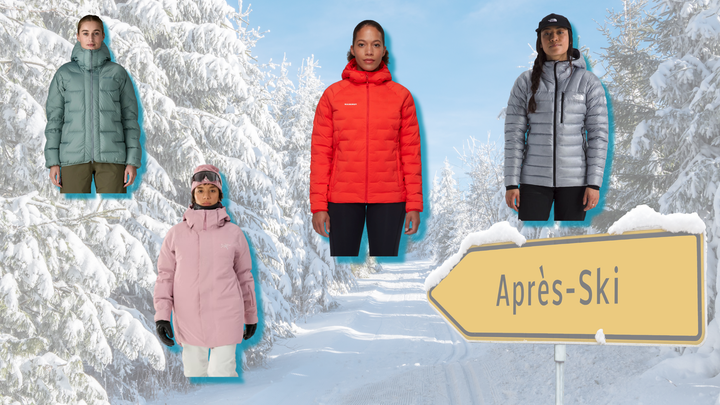 Four models showcase a variety of cute ski jackets in shades of sage green, pastel pink, bright orange, and silver grey against a snowy mountain backdrop. The image features an 