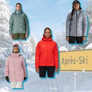 4 cute ski jackets atop a snowy backdrop and an apres-ski sign