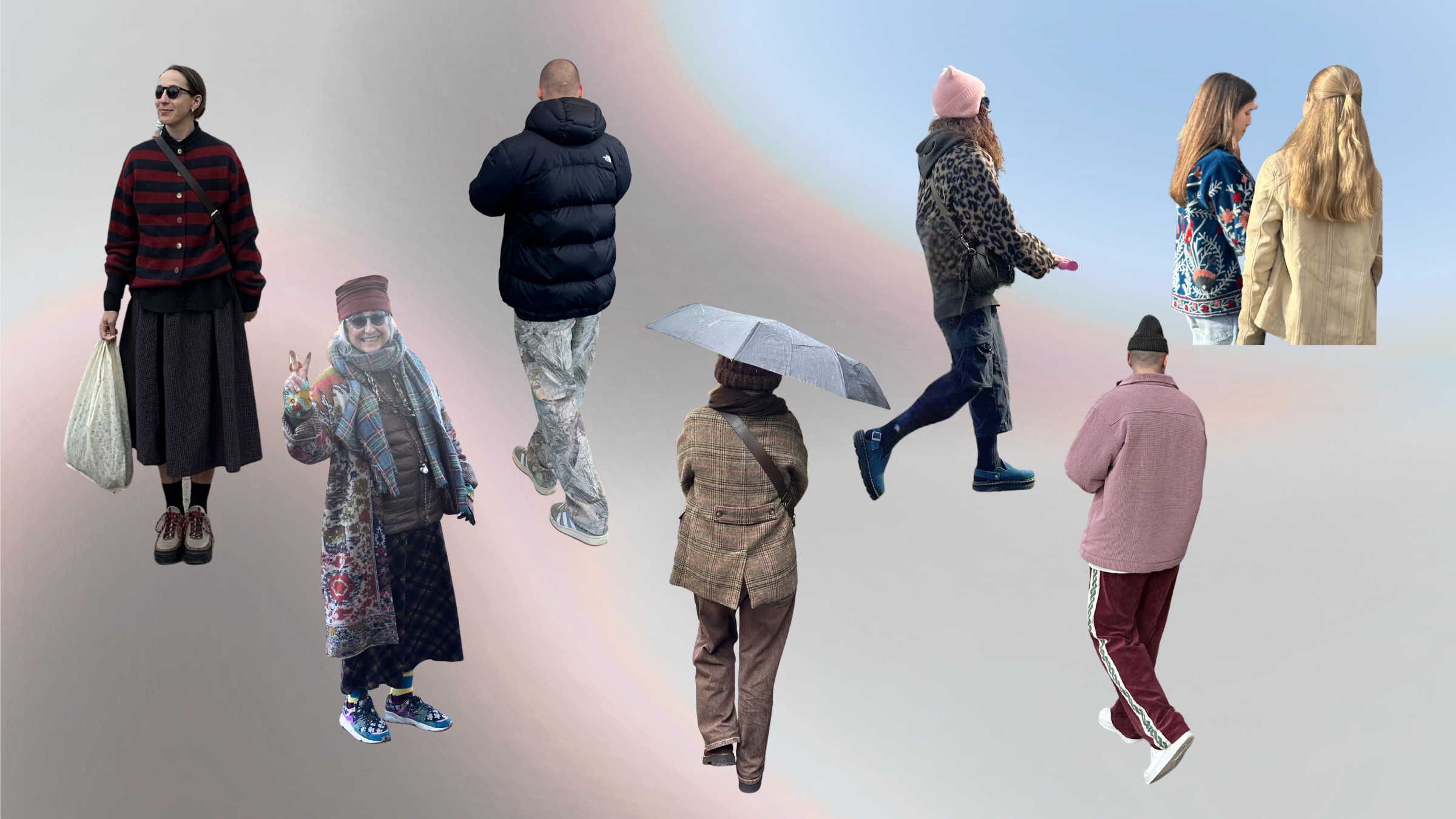 A collage of diverse individuals showcasing winter street style in Milan during the Milan-Cortina Winter Olympics. The figures wear a mix of chic and practical gear, including puffer jackets, camo pants, long wool coats, and patterned fleeces against a minimalist background.