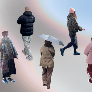 A collage of diverse individuals showcasing winter street style in Milan during the Milan-Cortina Winter Olympics. The figures wear a mix of chic and practical gear, including puffer jackets, camo pants, long wool coats, and patterned fleeces against a minimalist background.