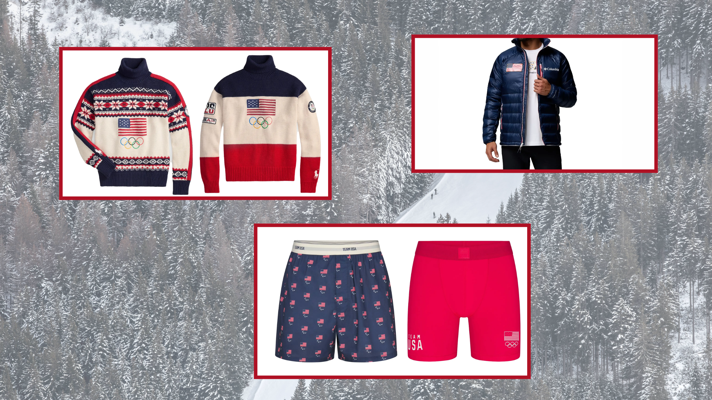 A backdrop of a snowy winter forest with pictures of Olympic gear collabs on top, including two Ralph Lauren Olympics ski sweaters, a Columbia Sportswear USA 2026 puffer jacket, and two pairs of Nike x Skims boxer briefs