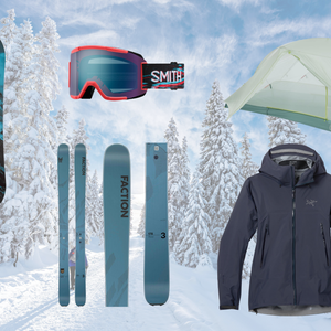 A collage of outdoor gear including an Arc'teryx jacket, Faction skis, and a Big Agnes tent, showcased against a snowy forest background for Presidents Day sales. The image also features a Head snowboard, Smith goggles, and Oyuki winter mittens, representing top discounts on winter and backpacking equipment.