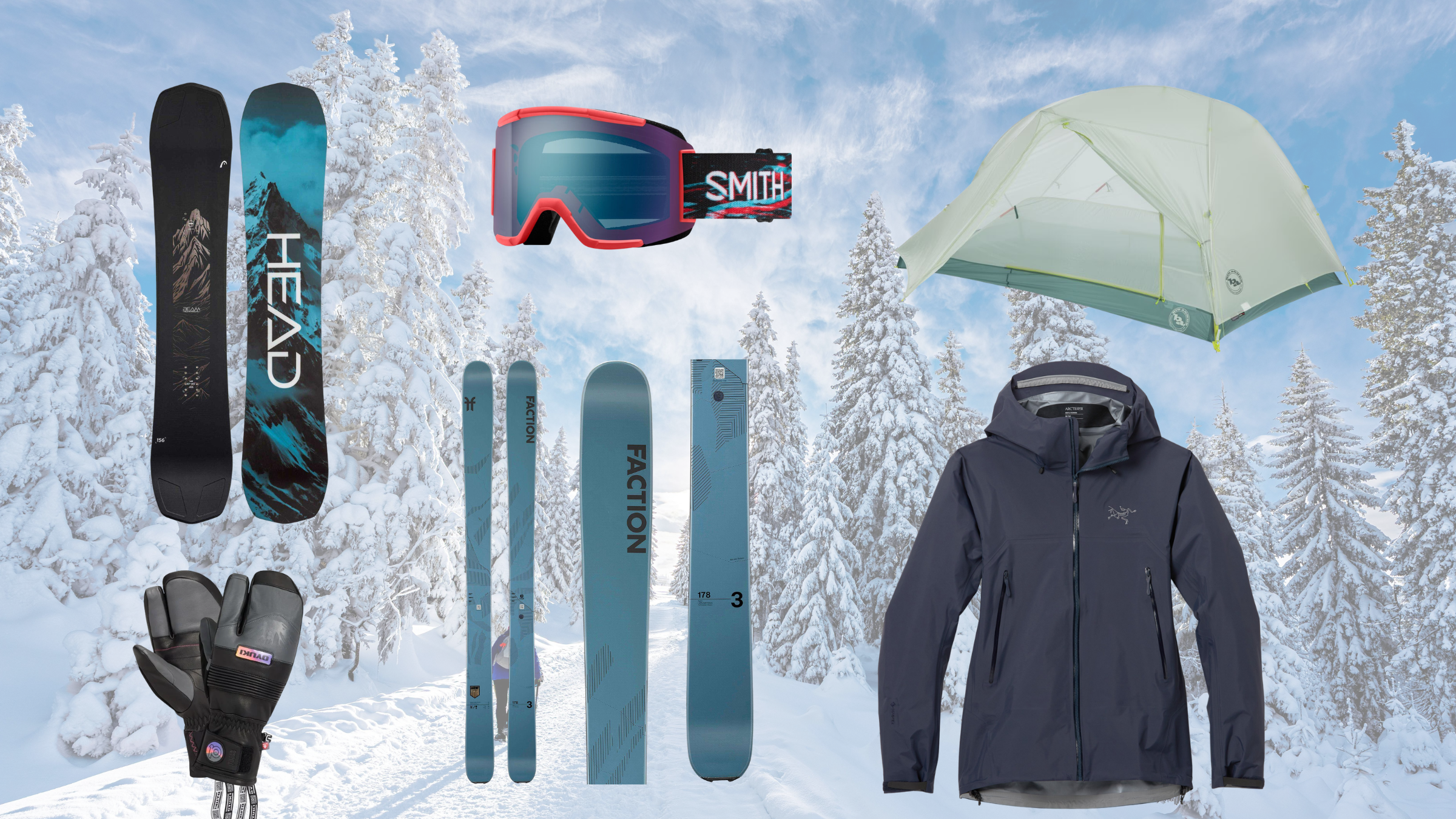 A collage of outdoor gear including an Arc'teryx jacket, Faction skis, and a Big Agnes tent, showcased against a snowy forest background for Presidents Day sales. The image also features a Head snowboard, Smith goggles, and Oyuki winter mittens, representing top discounts on winter and backpacking equipment.