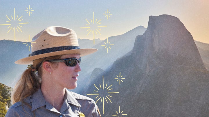 woman park ranger in front of Yosemite
