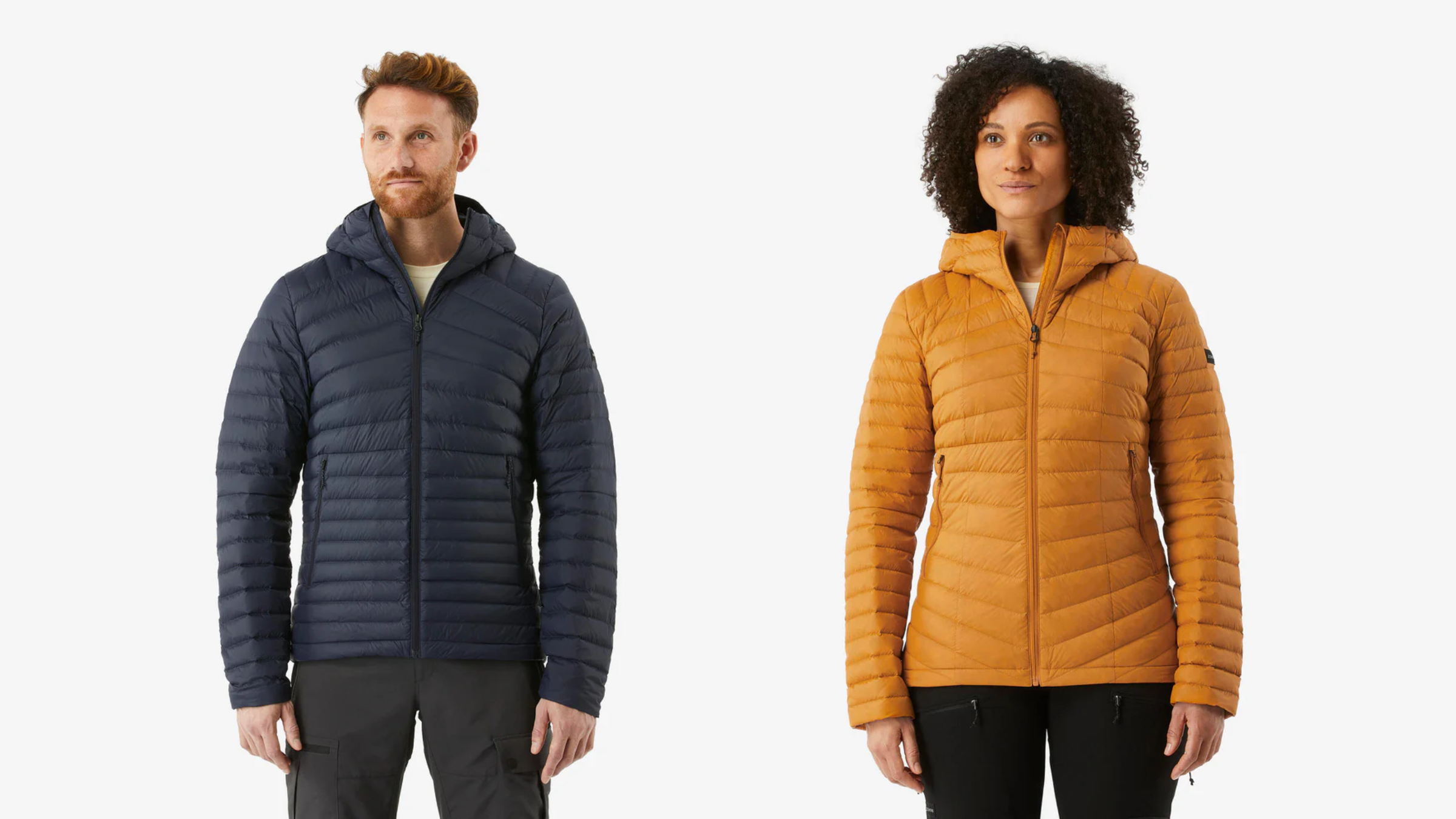 Decathlon Simond MT100 down jacket shown on male and female models in navy and mustard yellow, respectively