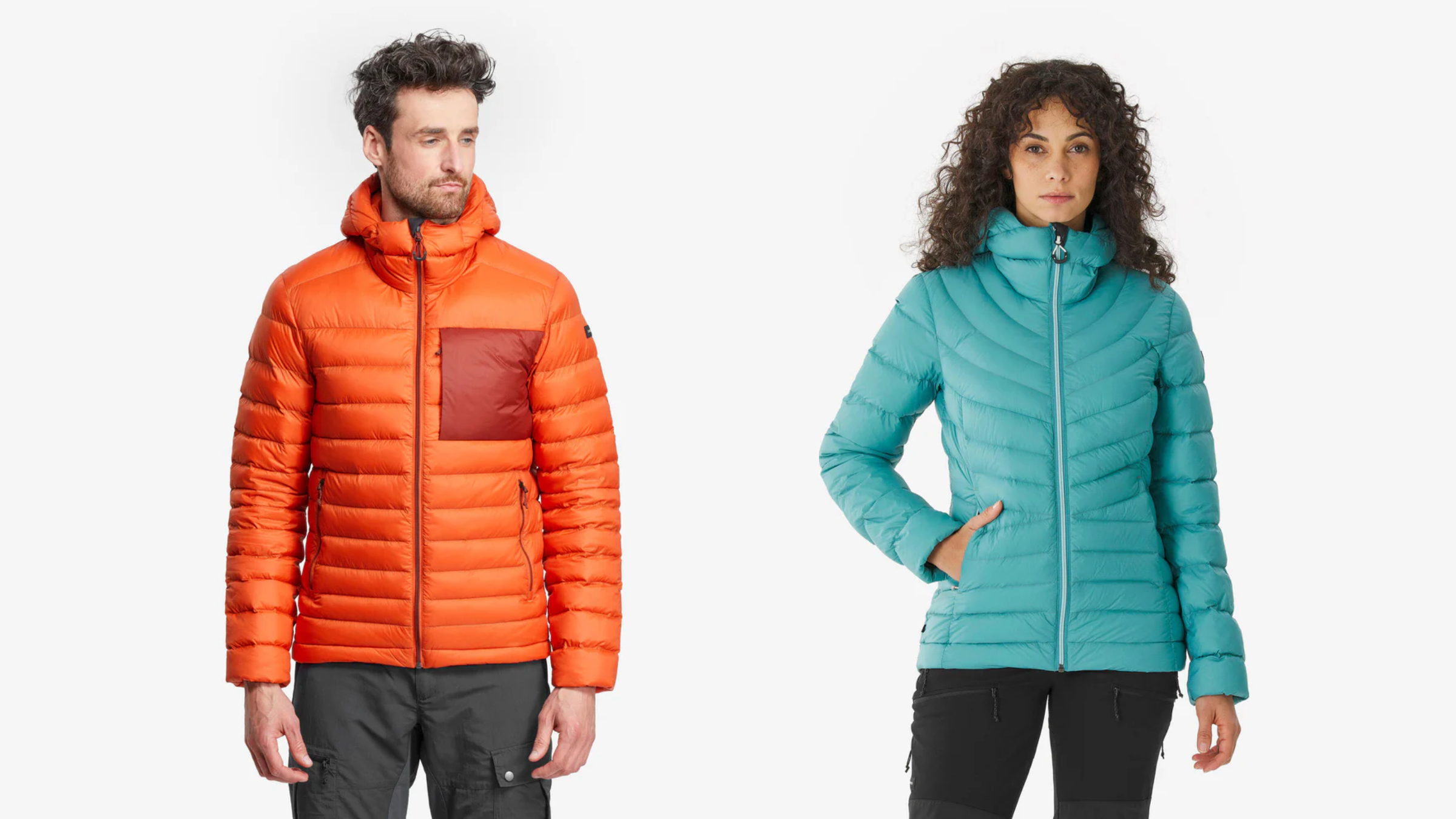 Decathlon Simond MT500 down jacket, shown on a male model in orange and a female model in teal/aqua