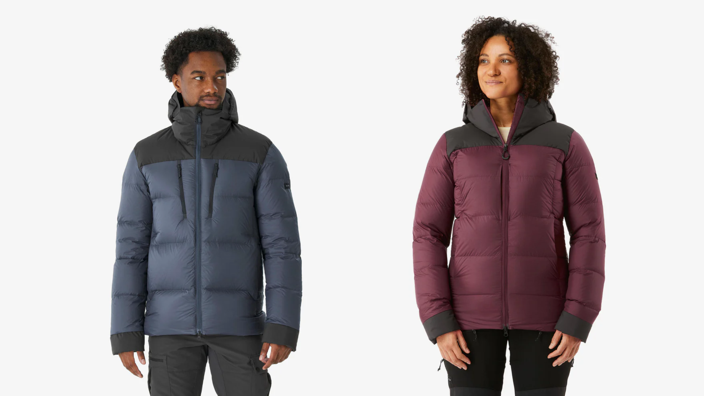 decathlon simond mt900 down jackets shown on a male model in navy blue and a female model in burgundy