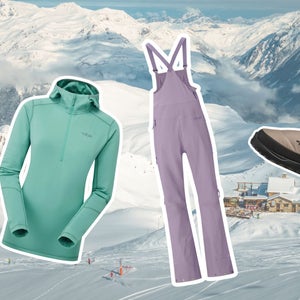 bibs, midlayer, boots, and pants