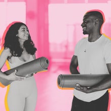 how to talk to your gym crush; a man and woman holding yoga mats flirting at the gym