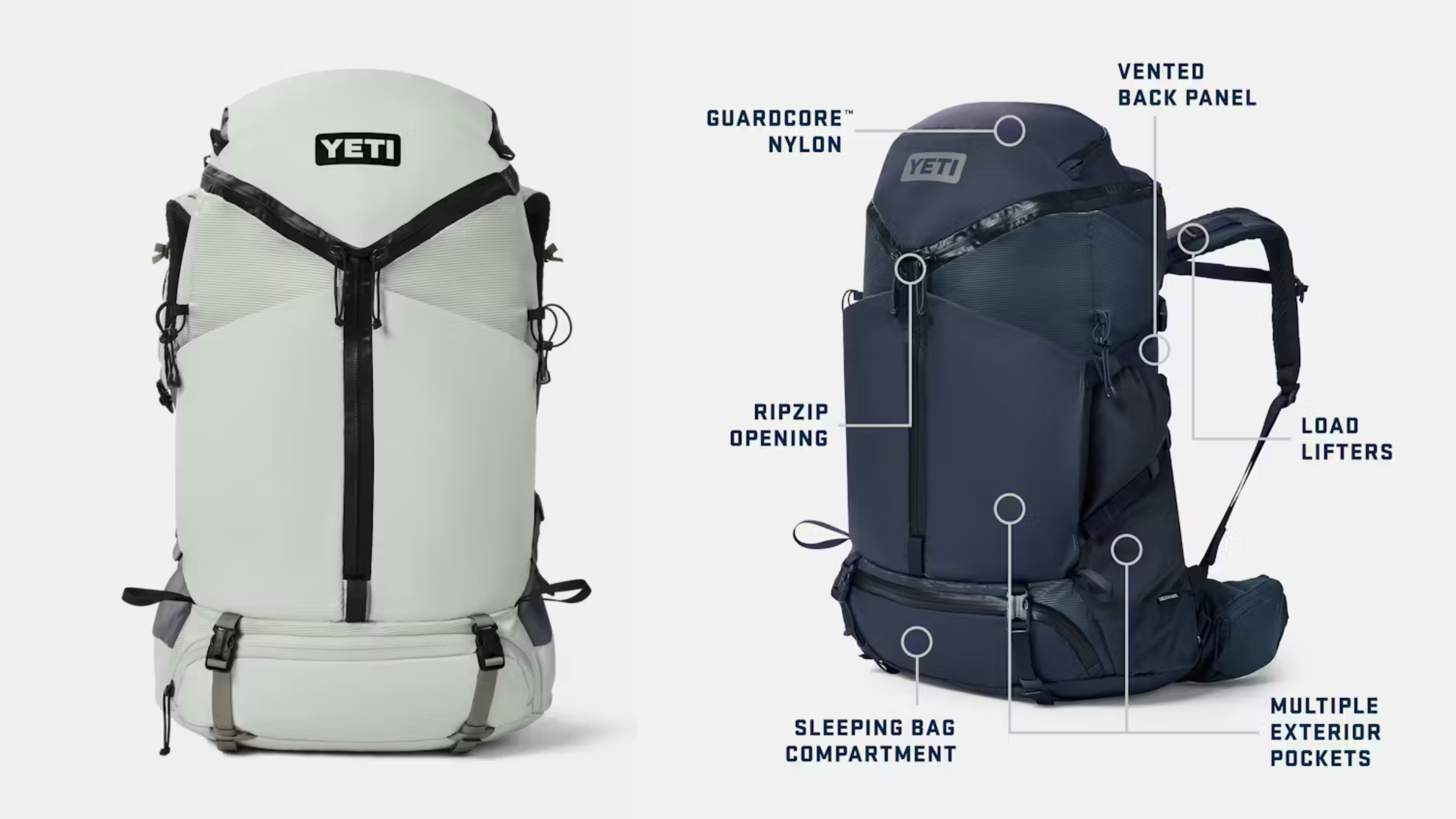 A side-by-side comparison of the YETI Skala 60 in white and navy, with diagrams highlighting features like the RipZip opening and vented back panel.