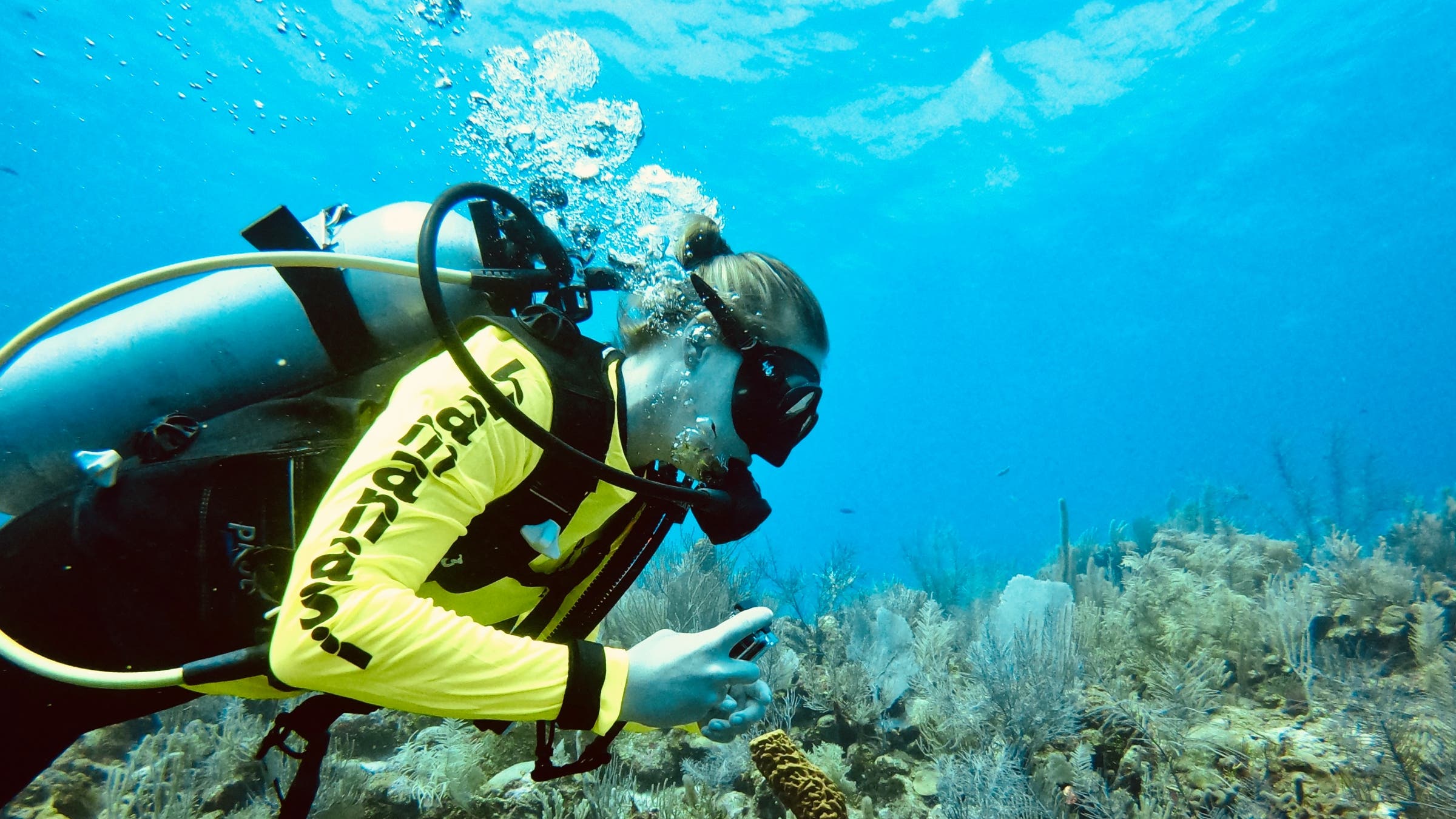 A scuba diver swimming over a reef.