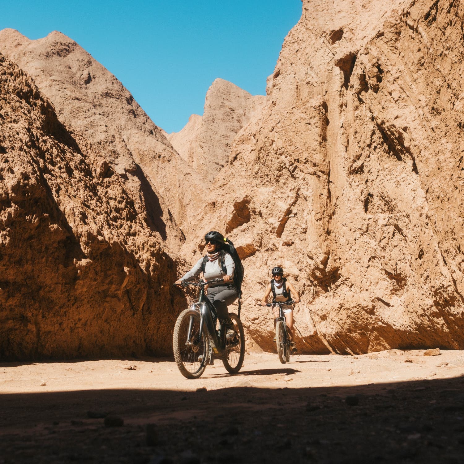 Mountain bikers in a red rock canyon.