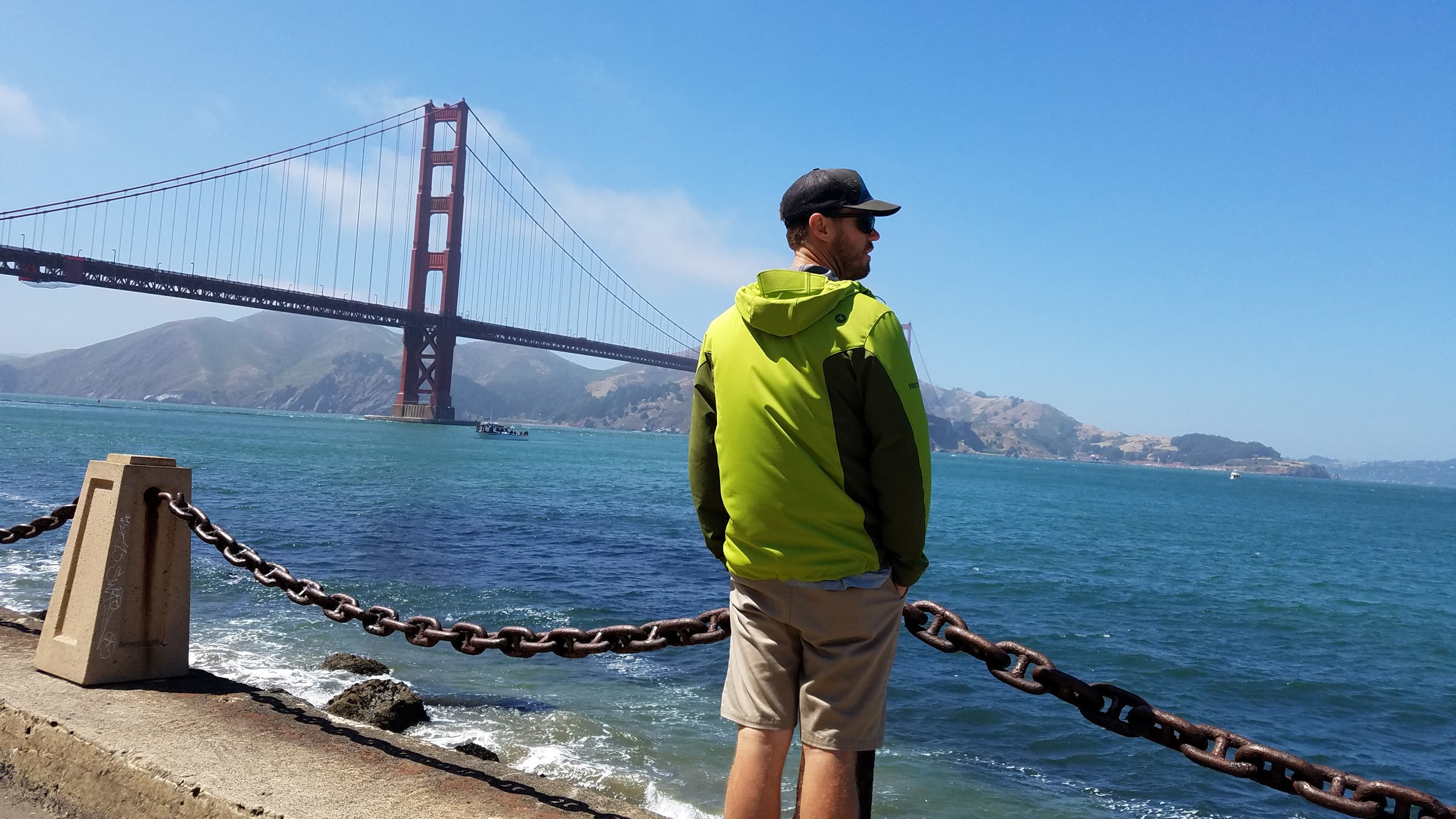 Adam Trenkamp wearing his 13-year-old Marmot Windstopper softshell jacket in San Franscisco.