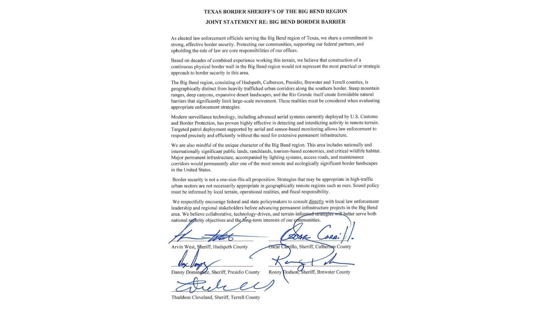 Five Texas border sheriffs signed the letter