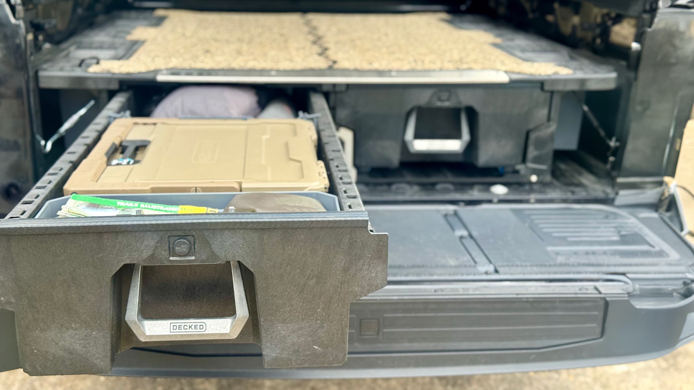 Decked Drawer System for overlanding truck bed with drawer pulled open
