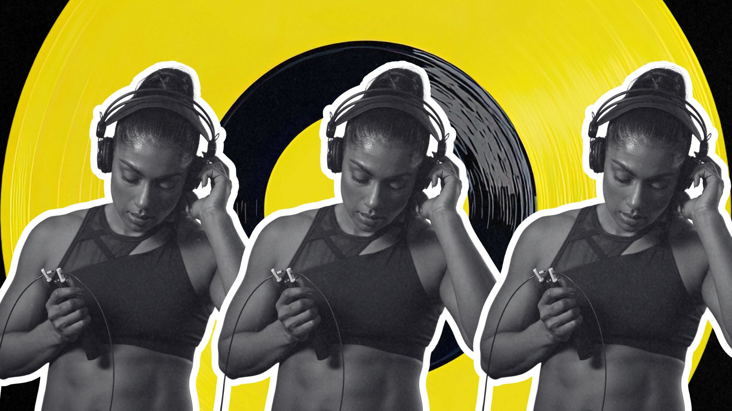 woman listening to music in headphones overlaying a vinyl record background