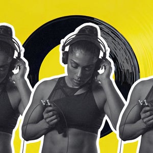 woman listening to music in headphones overlaying a vinyl record background