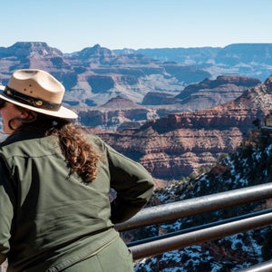 a person wearing a nps uniform stares over at the grand canyon