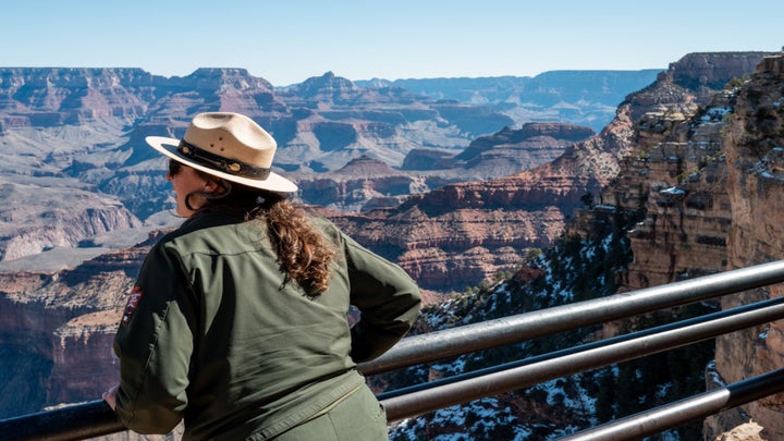 a person wearing a nps uniform stares over at the grand canyon