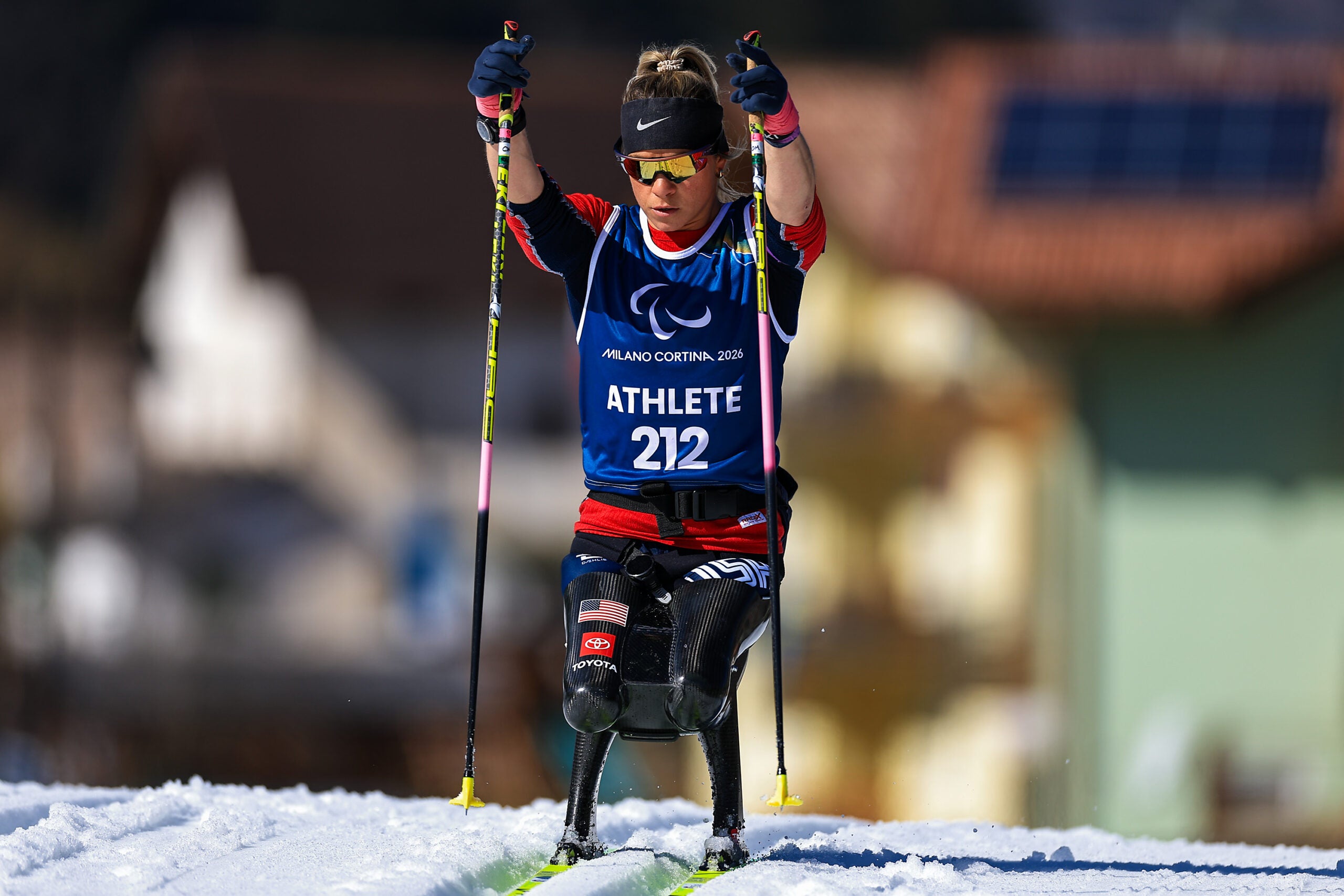 VAL DI FIEMME, ITALY - MARCH 05: Oksana Masters of Team United States participates in training ahead of the Milano Cortina 2026 Winter Paralympic Games at Tesero Cross-Country Skiing Stadium on March 05, 2026 in Val di Fiemme, Italy.